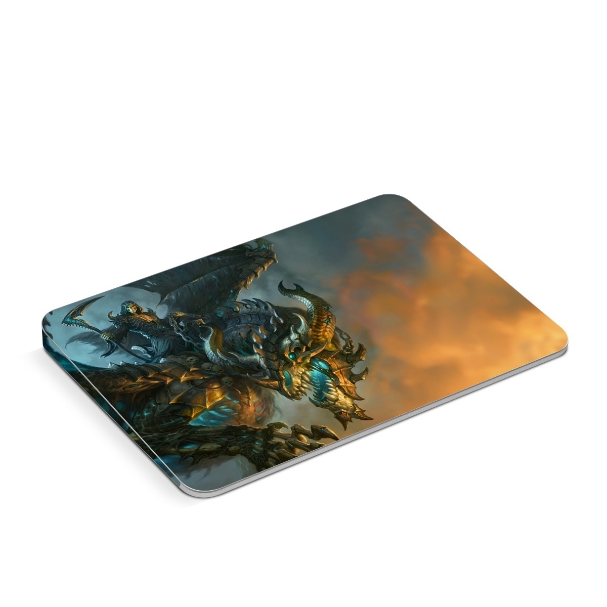 Apple Magic Trackpad Skin design of Dragon, Cg artwork, Fictional character, Mythical creature, Demon, Mythology, Illustration, Cryptid, Art, with orange, yellow, black, brown, blue, white colors