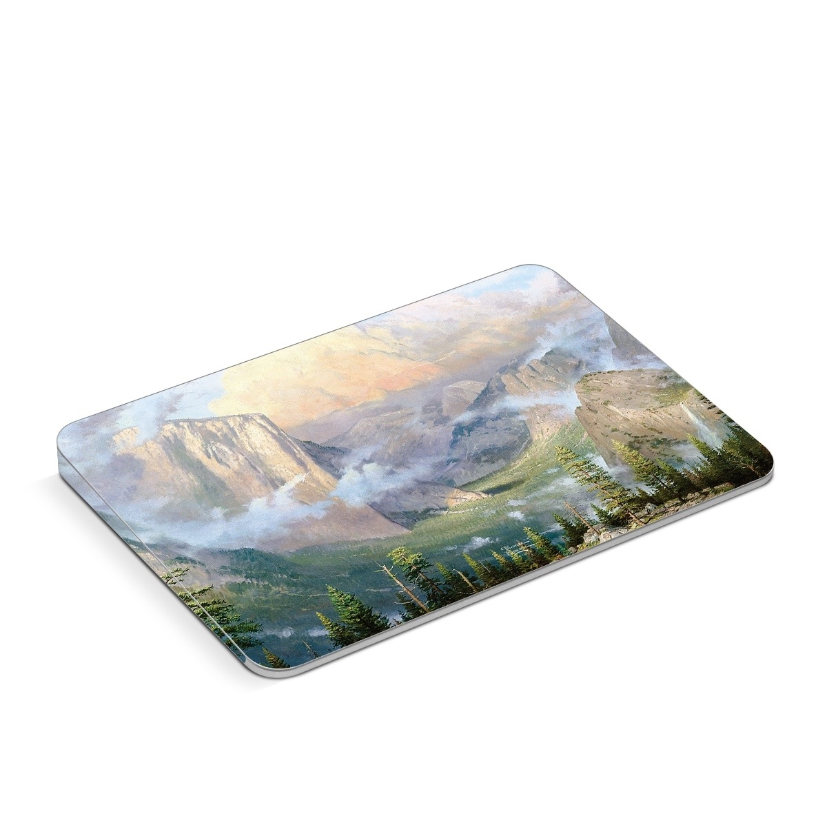 Apple Magic Trackpad Skin design of Mountainous landforms, Natural landscape, Mountain, Nature, Sky, Painting, Highland, Atmospheric phenomenon, Wilderness, Valley, with gray, black, pink, purple, yellow, green colors