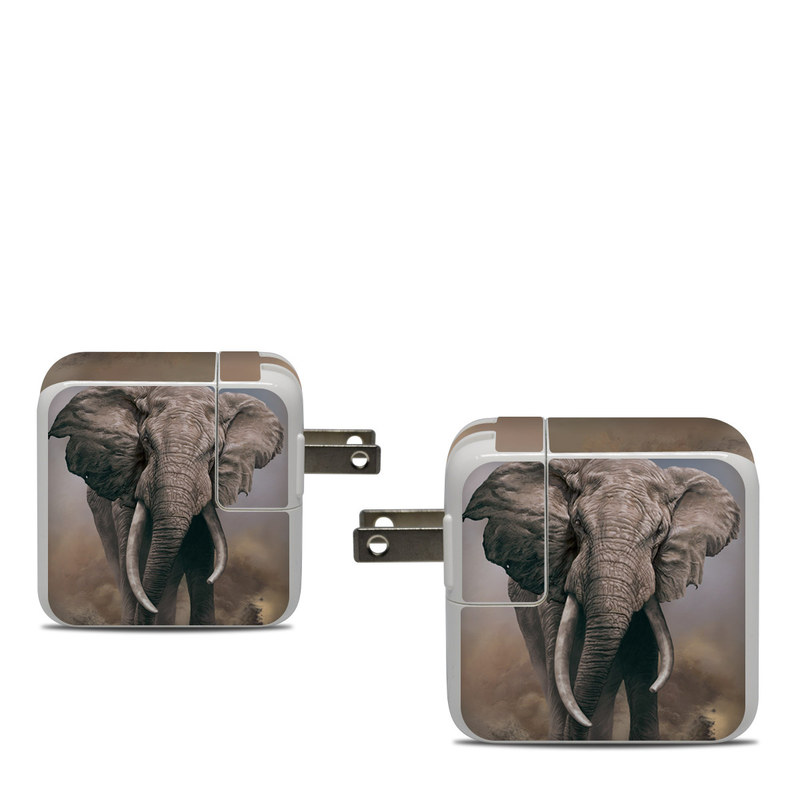 Apple 30W USB-C Power Adapter Skin design of Elephants and Mammoths, Terrestrial animal, Indian elephant, African elephant, Wildlife, Tusk, Snout, Organism, Working animal, Illustration, with brown, gray, white colors