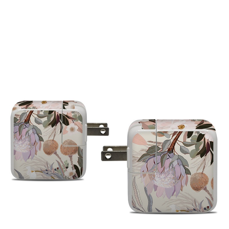 Apple 30W USB-C Power Adapter Skin design of Flower, Floral design, Watercolor paint, Plant, Spring, Branch, Flower Arranging, Lilac, Floristry, Petal, with pink, purple, green, brown, white, yellow, black colors