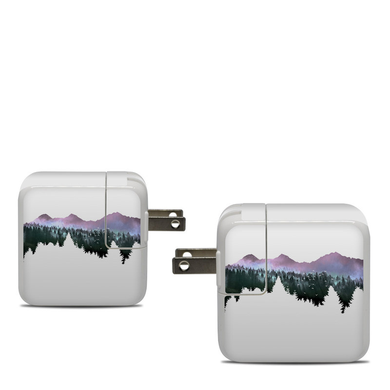 Apple 30W USB-C Power Adapter Skin design of Nature, Mountainous landforms, Mountain, Atmospheric phenomenon, Tree, Wilderness, Sky, Mountain range, Forest, Hill, with white, black, purple, blue, green colors