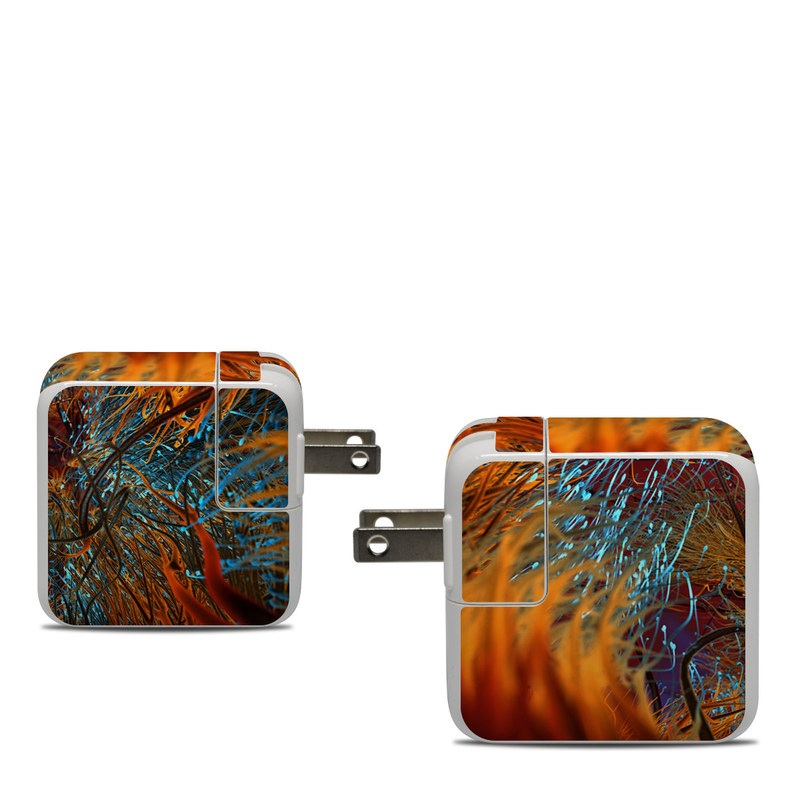 Apple 30W USB-C Power Adapter Skin design of Orange, Tree, Electric blue, Organism, Fractal art, Plant, Art, Graphics, Space, Psychedelic art, with orange, blue, red, yellow, purple colors