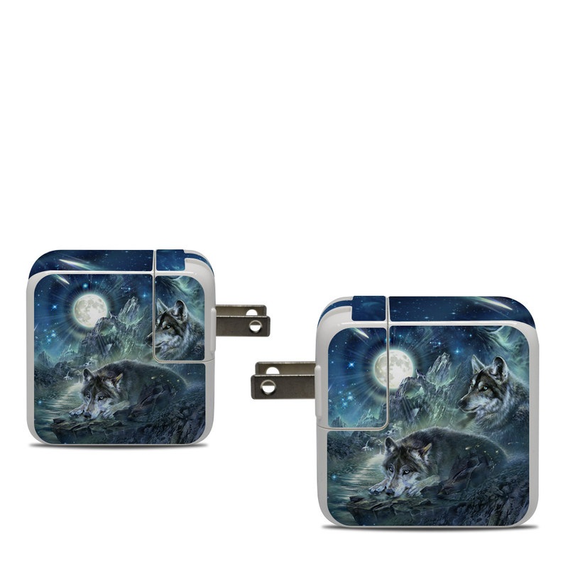 Apple 30W USB-C Power Adapter Skin design of Cg artwork, Fictional character, Darkness, Werewolf, Illustration, Wolf, Mythical creature, Graphic design, Dragon, Mythology, with black, blue, gray, white colors