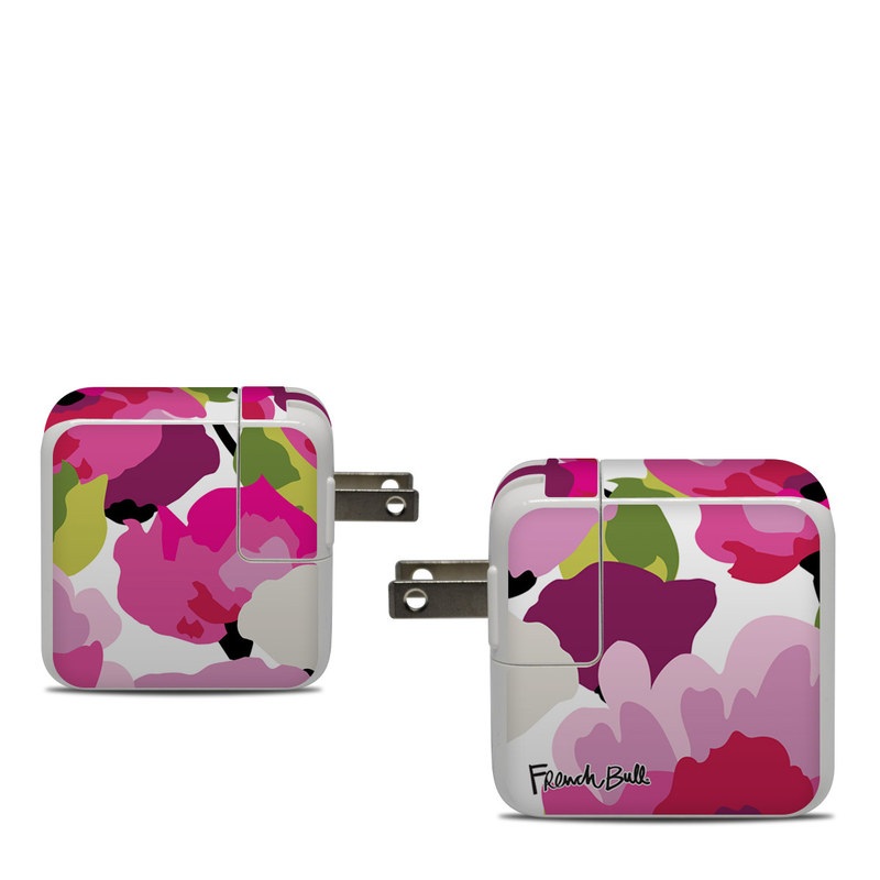 Apple 30W USB-C Power Adapter Skin design of Pink, Flower, Pattern, Petal, Plant, Floral design, Design, Botany, Magenta, Anemone, with white, pink, green, red colors