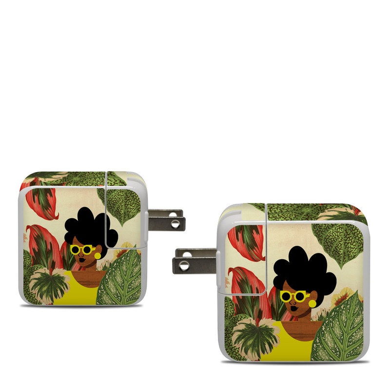 Apple 30W USB-C Power Adapter Skin design of Illustration, Plant, Botany, Organism, Leaf, Art, Animation, Grass, Flower, Perennial plant, with green, black, brown, yellow, red colors