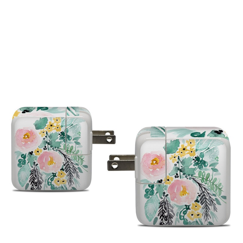 Apple 30W USB-C Power Adapter Skin design of Branch, Clip art, Watercolor paint, Flower, Leaf, Botany, Plant, Illustration, Design, Graphics, with green, pink, red, orange, yellow colors