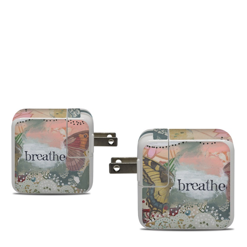 Apple 30W USB-C Power Adapter Skin design of Butterfly, Moths and butterflies, Insect, Pollinator, Organism, Illustration, Brush-footed butterfly, Art, Fictional character, Wildflower, with pink, brown, white, black, red, blue, green colors