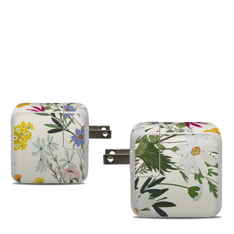 Apple 30W USB-C Power Adapter Skin design of Flower, Wildflower, chamomile, Floral design, Plant, camomile, Botany, Clip art, Cut flowers, Daisy, with white, green, pink, orange, yellow, red colors