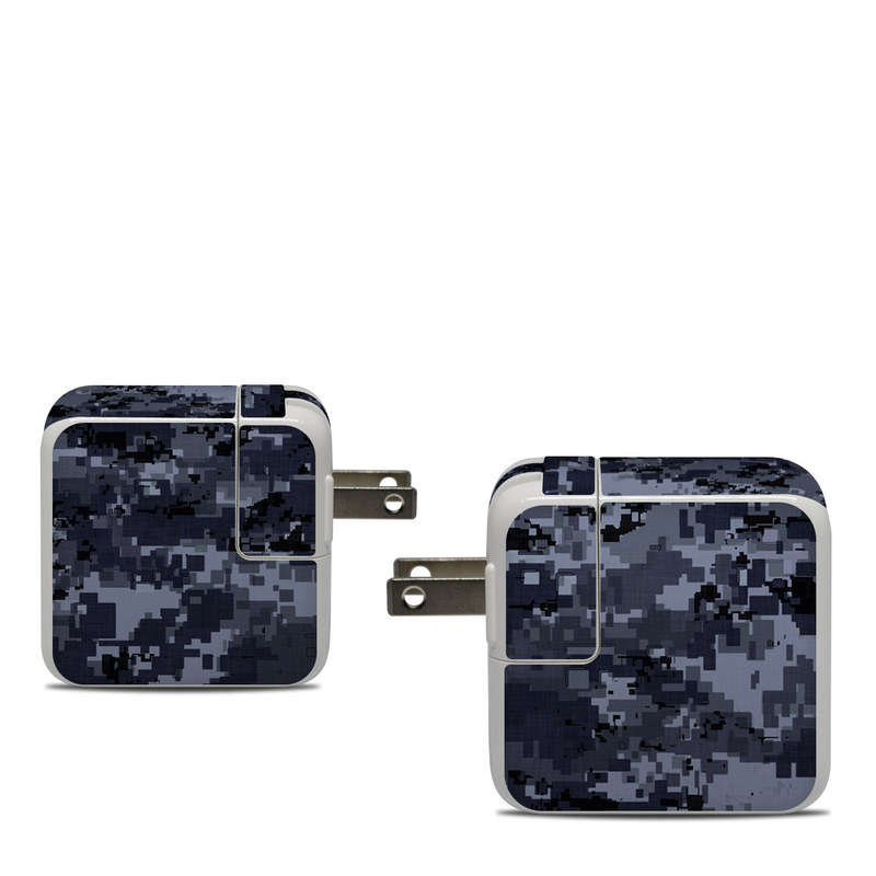 Apple 30W USB-C Power Adapter Skin design of Military camouflage, Black, Pattern, Blue, Camouflage, Design, Uniform, Textile, Black-and-white, Space, with black, gray, blue colors
