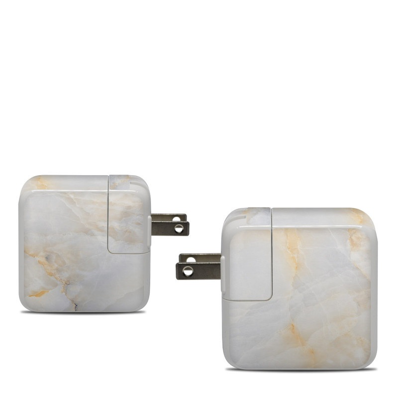 Apple 30W USB-C Power Adapter Skin design of White, Textile, Flooring, Marble, Paper, Pattern, Fashion accessory, Tile, with white, orange, black, yellow colors