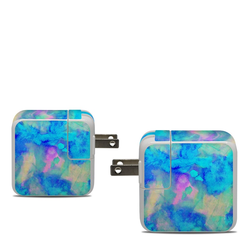 Apple 30W USB-C Power Adapter Skin design of Blue, Turquoise, Aqua, Pattern, Dye, Design, Sky, Electric blue, Art, Watercolor paint, with blue, purple colors
