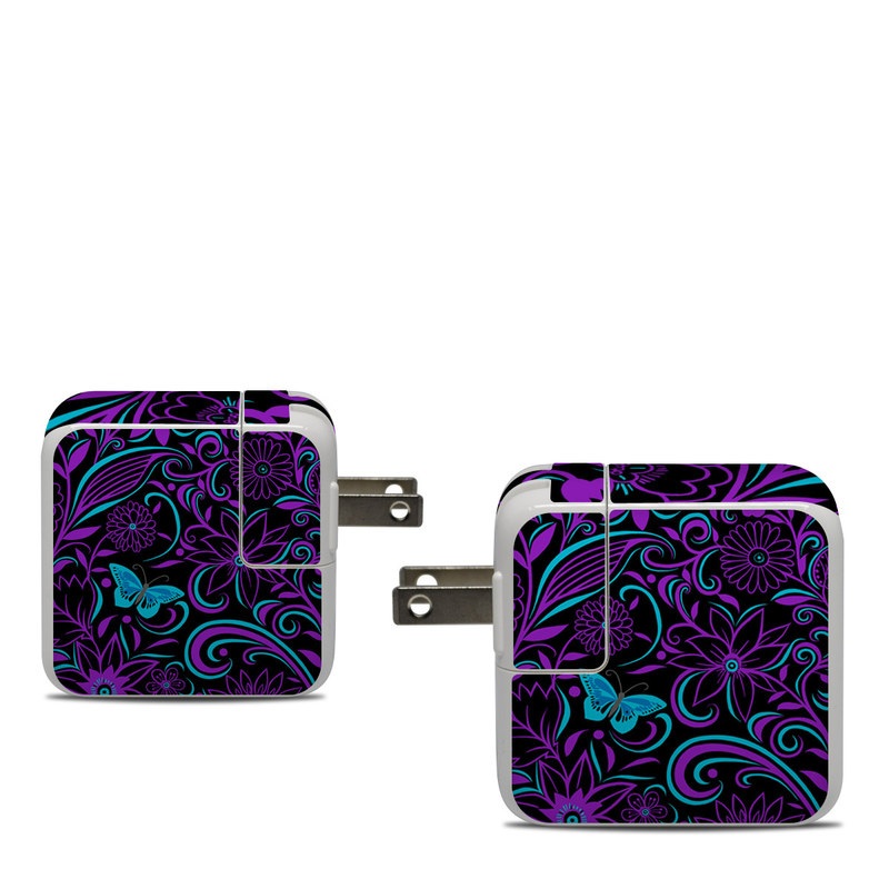 Apple 30W USB-C Power Adapter Skin design of Pattern, Purple, Violet, Turquoise, Teal, Design, Floral design, Visual arts, Magenta, Motif, with black, purple, blue colors