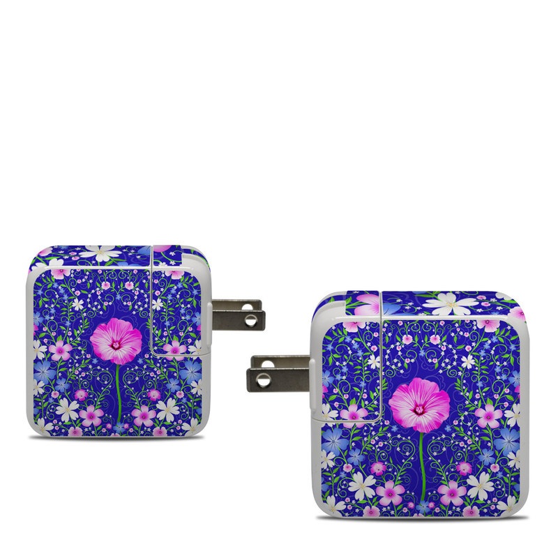 Apple 30W USB-C Power Adapter Skin design of Purple, Violet, Flower, Plant, Wildflower, Pattern, Petal, Design, Graphics, Morning glory, with blue, purple, pink, green, white, yellow colors