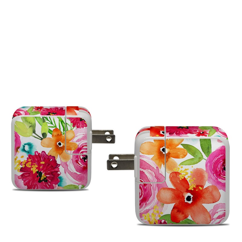 Apple 30W USB-C Power Adapter Skin design of Flower, Cut flowers, Floral design, Plant, Pink, Bouquet, Petal, Flower Arranging, Artificial flower, Clip art, with pink, red, green, orange, yellow, blue, white colors