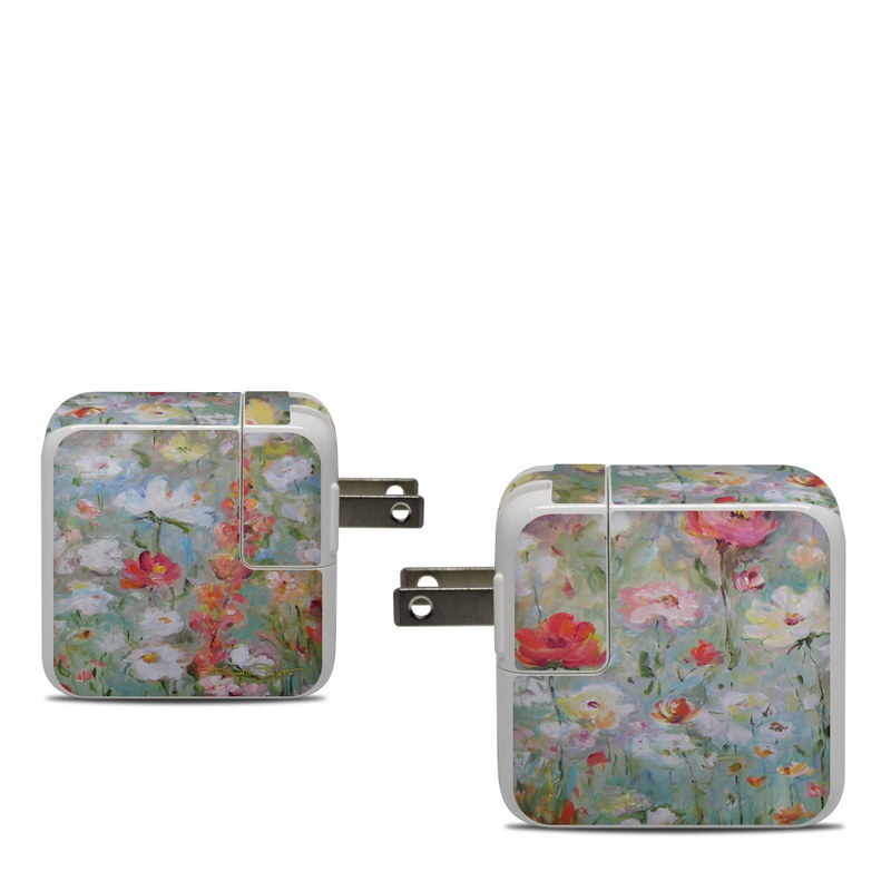 Apple 30W USB-C Power Adapter Skin design of Flower, Painting, Watercolor paint, Plant, Modern art, Wildflower, Botany, Meadow, Acrylic paint, Flowering plant, with gray, black, green, red, blue colors