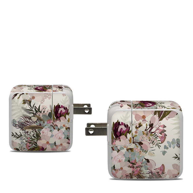 Apple 30W USB-C Power Adapter Skin design of Pink, Pattern, Lilac, Flower, Plant, Petal, Floral design, Textile, Design, Blossom, with white, red, pink, blue, brown colors