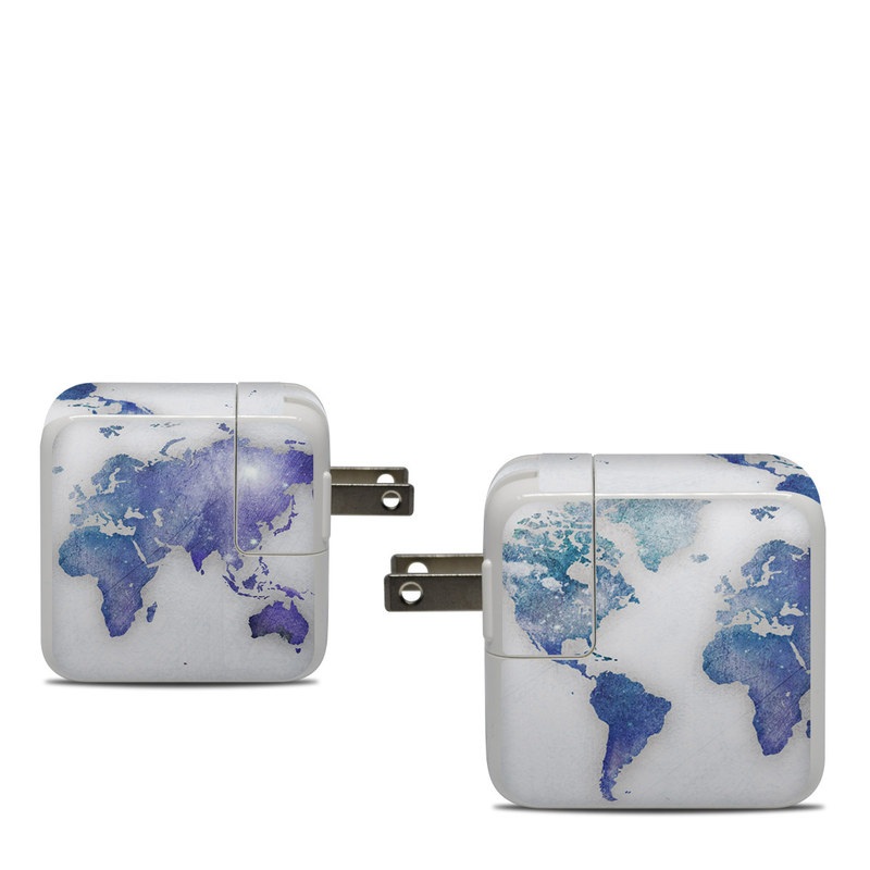 Apple 30W USB-C Power Adapter Skin design of World, Map, Watercolor paint, Illustration, with white, blue, purple colors