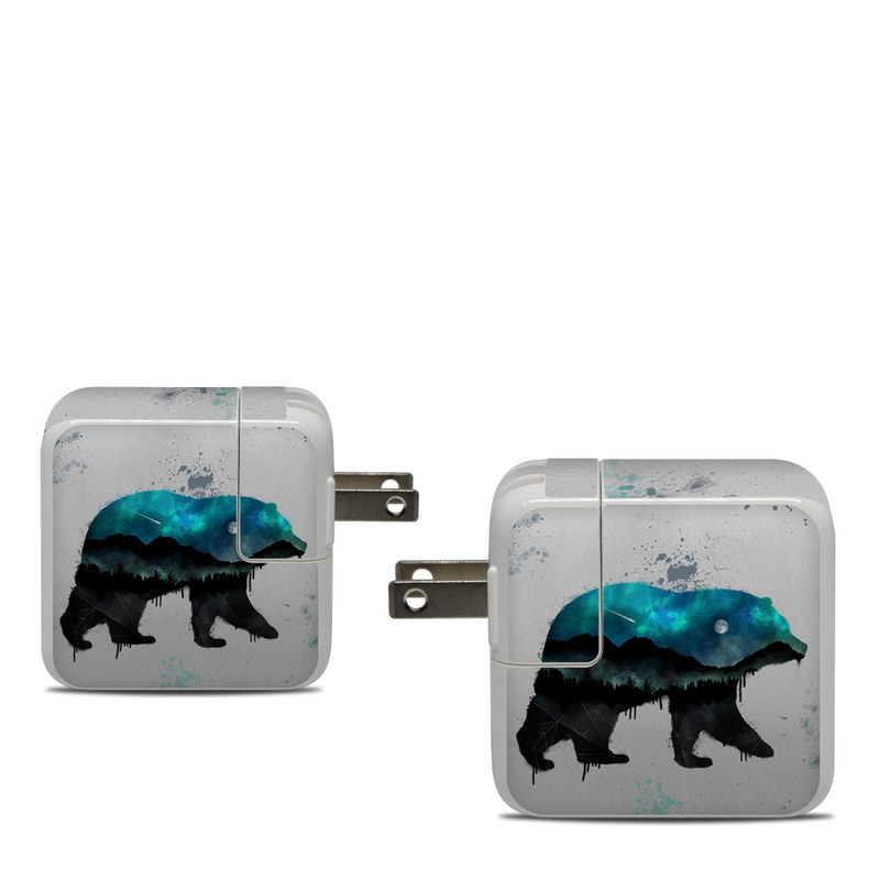 Apple 30W USB-C Power Adapter Skin design of Bear, Illustration, Grizzly bear, Art, Watercolor paint, Snout, Carnivore, Graphic design, Space, Polar bear, with gray, black, white, green, blue colors