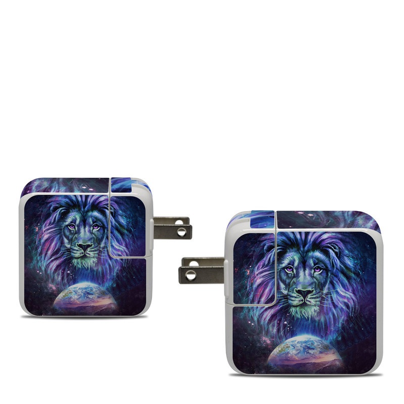 Apple 30W USB-C Power Adapter Skin design of Lion, Felidae, Purple, Wildlife, Big cats, Illustration, Darkness, Space, Painting, Art, with purple, blue, green, black, white, red colors