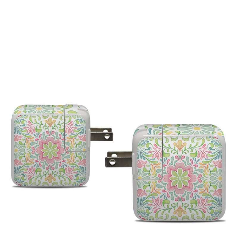Apple 30W USB-C Power Adapter Skin design of Pattern, Pink, Visual arts, Design, Textile, Wrapping paper, Symmetry, Floral design, Motif, with gray, white, pink, green colors