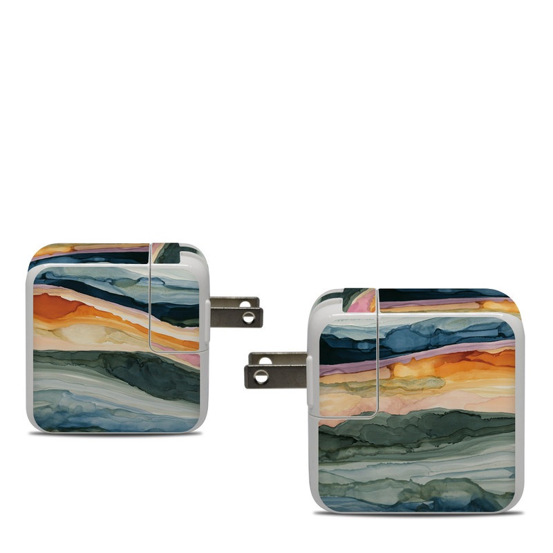 Apple 30W USB-C Power Adapter Skin design of Watercolor paint, Painting, Sky, Wave, Geology, Landscape, Pattern, Acrylic paint, Cloud, Paint, with blue, purple, orange, yellow, red, green, brown colors