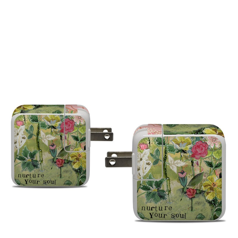 Apple 30W USB-C Power Adapter Skin design of Flower, Plant, Botany, Pink, Wildflower, Flowering plant, Watercolor paint, Petal, Floral design, Pattern, with green, pink, red, blue, white, black colors