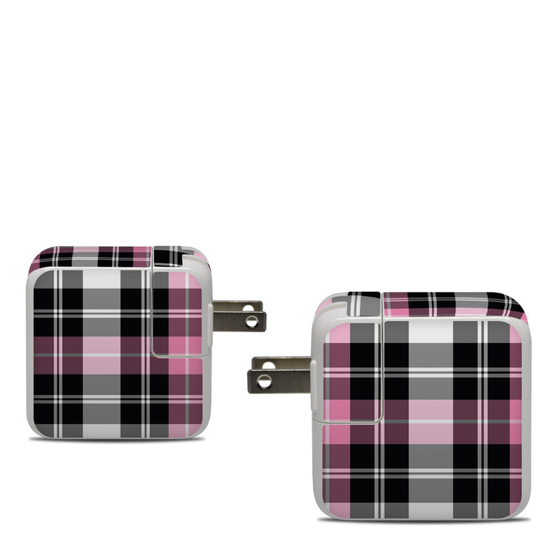 Apple 30W USB-C Power Adapter Skin design of Plaid, Tartan, Pattern, Pink, Purple, Violet, Line, Textile, Magenta, Design, with black, gray, pink, red, white, purple colors