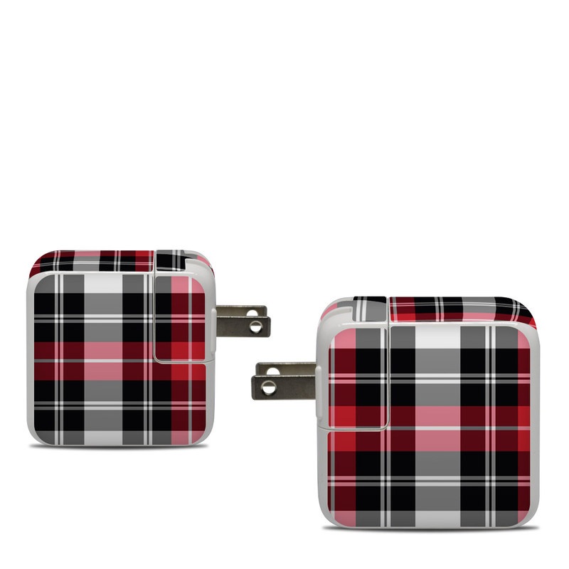 Apple 30W USB-C Power Adapter Skin design of Plaid, Tartan, Pattern, Red, Textile, Design, Line, Pink, Magenta, Square, with black, gray, pink, red, white colors