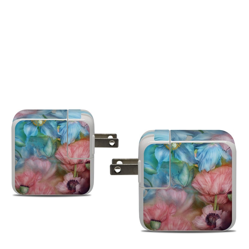 Apple 30W USB-C Power Adapter Skin design of Flower, Petal, Watercolor paint, Painting, Plant, Flowering plant, Pink, Botany, Wildflower, Still life, with gray, blue, black, red, green colors