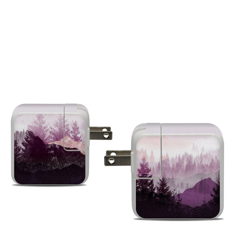 Apple 30W USB-C Power Adapter Skin design of Sky, Purple, Atmospheric phenomenon, Pink, Natural landscape, Violet, Mountain, Tree, Morning, Mountain range, with white, purple, black, pink colors