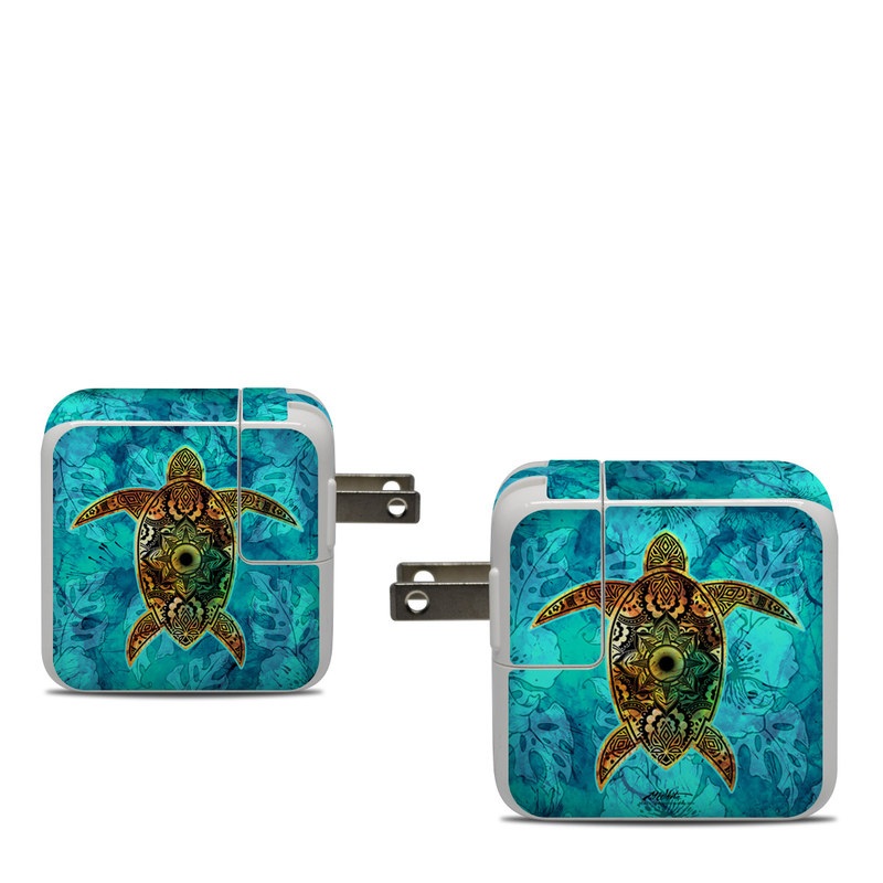 Apple 30W USB-C Power Adapter Skin design of Sea turtle, Green sea turtle, Turtle, Hawksbill sea turtle, Tortoise, Reptile, Loggerhead sea turtle, Illustration, Art, Pattern, with blue, black, green, gray, red colors