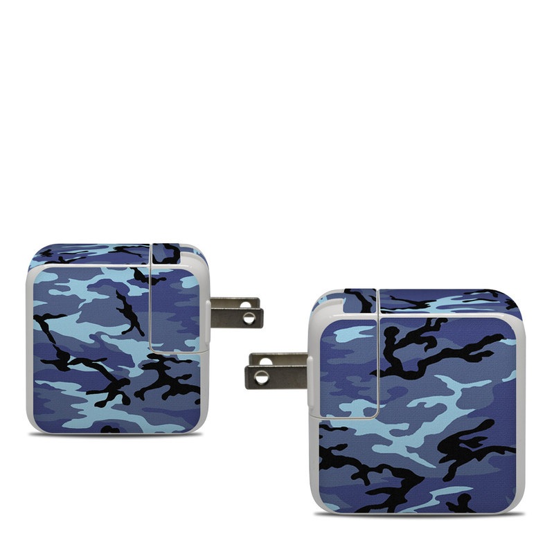 Apple 30W USB-C Power Adapter Skin design of Military camouflage, Pattern, Blue, Aqua, Teal, Design, Camouflage, Textile, Uniform, with blue, black, gray, purple colors