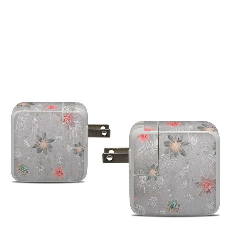Apple 30W USB-C Power Adapter Skin design of Pink, Pattern, Wrapping paper, Textile, Design, Wallpaper, Floral design, Plant, Flower, with gray, red, white, pink colors