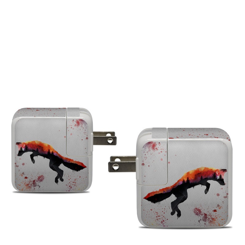 Apple 30W USB-C Power Adapter Skin design of Illustration, Watercolor paint, Art, Graphic design, Painting, Red fox, Visual arts, Paint, Drawing, Tail, with gray, black, red, yellow, orange, white colors