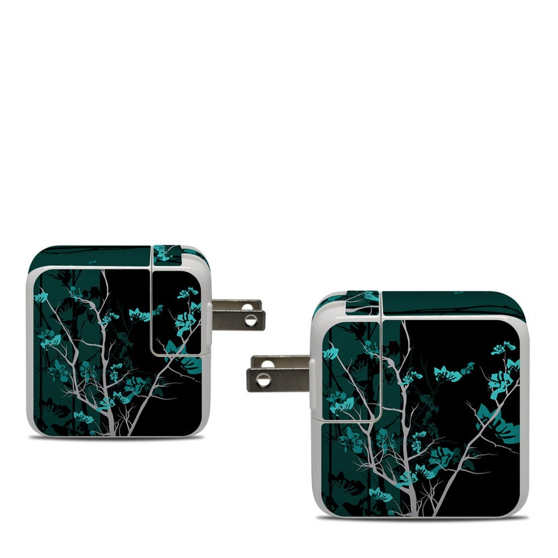 Apple 30W USB-C Power Adapter Skin design of Branch, Black, Blue, Green, Turquoise, Teal, Tree, Plant, Graphic design, Twig, with black, blue, gray colors