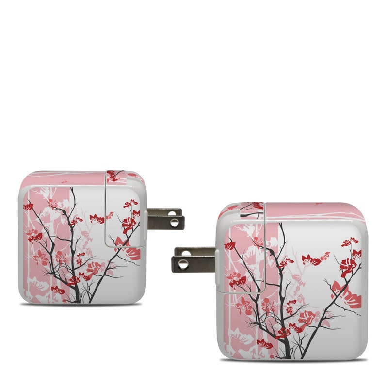 Apple 30W USB-C Power Adapter Skin design of Branch, Red, Flower, Plant, Tree, Twig, Blossom, Botany, Pink, Spring, with white, pink, gray, red, black colors