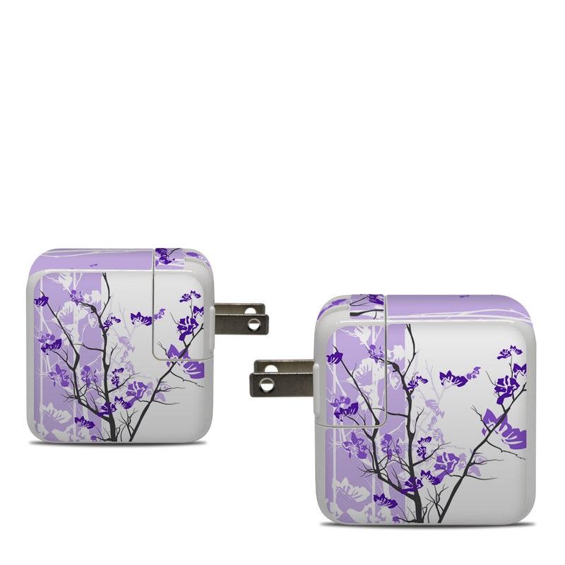 Apple 30W USB-C Power Adapter Skin design of Branch, Purple, Violet, Lilac, Lavender, Plant, Twig, Flower, Tree, Wildflower, with white, purple, gray, pink, black colors