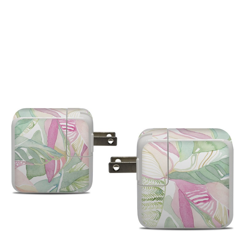 Apple 30W USB-C Power Adapter Skin design of Pink, Leaf, Botany, Pattern, Plant, Flower, Illustration, with white, green, pink, orange colors