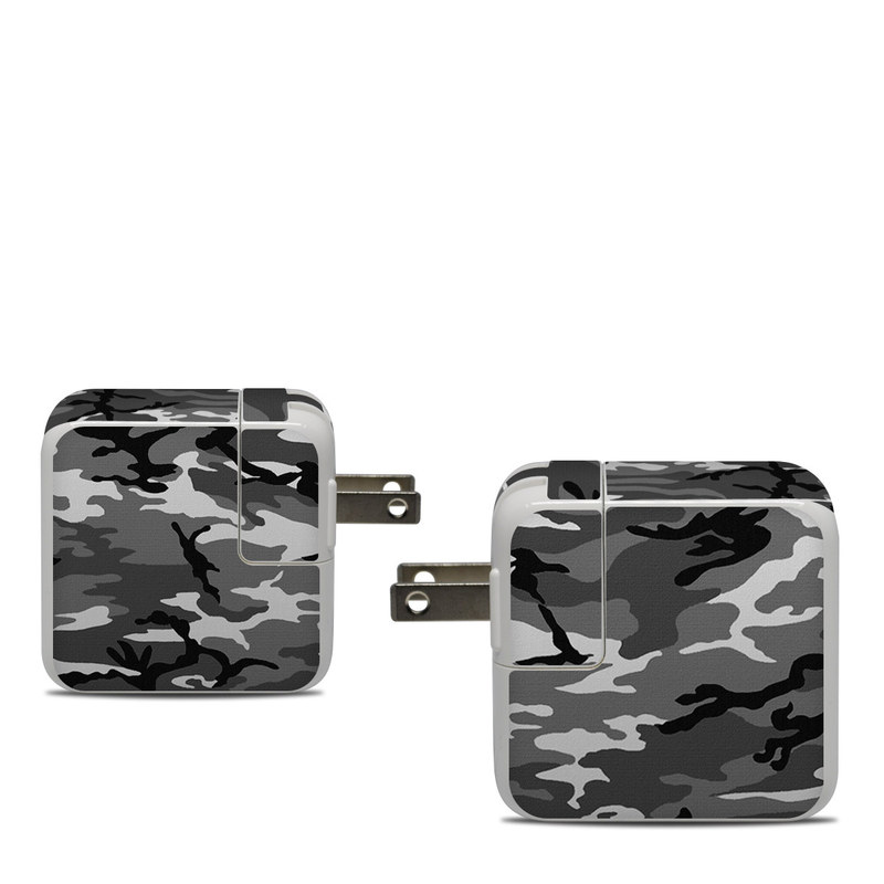 Apple 30W USB-C Power Adapter Skin design of Military camouflage, Pattern, Clothing, Camouflage, Uniform, Design, Textile, with black, gray colors