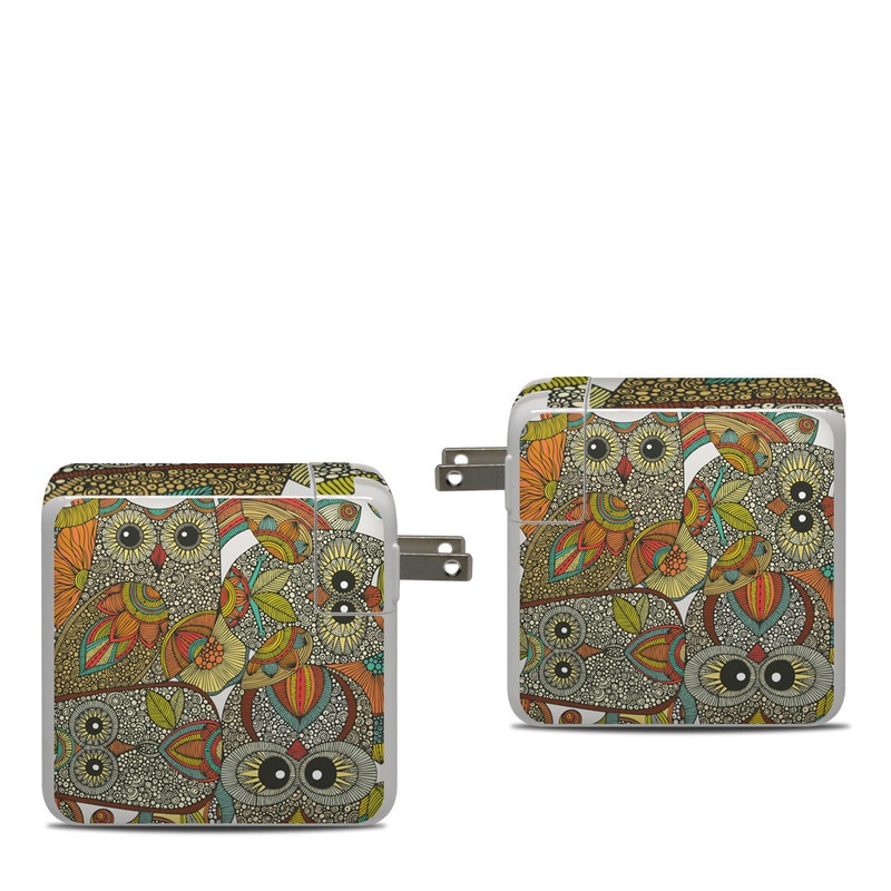Apple 87W USB-C Power Adapter Skin design of Owl, Pattern, Visual arts, Art, Design, Textile, Illustration, Motif, Bird, with white, green, orange, yellow, blue, red colors