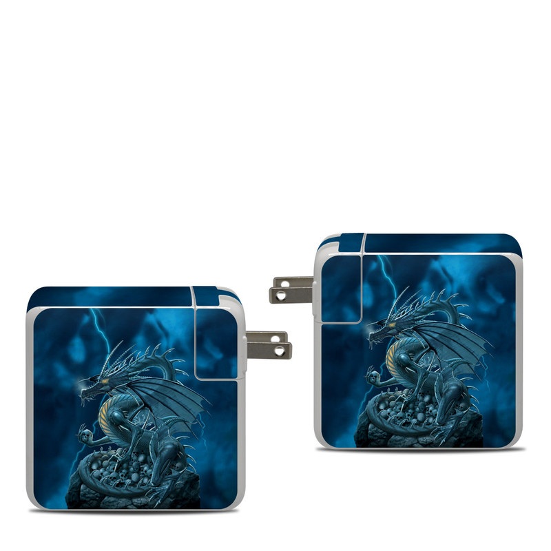Apple 87W USB-C Power Adapter Skin design of Cg artwork, Dragon, Mythology, Fictional character, Illustration, Mythical creature, Art, Demon, with blue, yellow colors