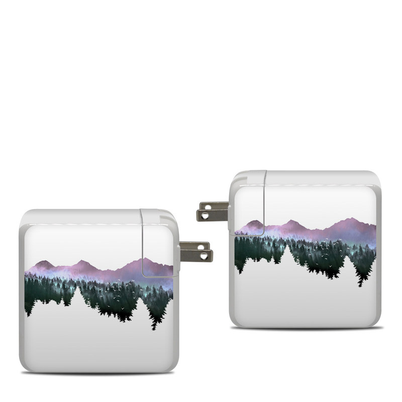 Apple 87W USB-C Power Adapter Skin design of Nature, Mountainous landforms, Mountain, Atmospheric phenomenon, Tree, Wilderness, Sky, Mountain range, Forest, Hill, with white, black, purple, blue, green colors