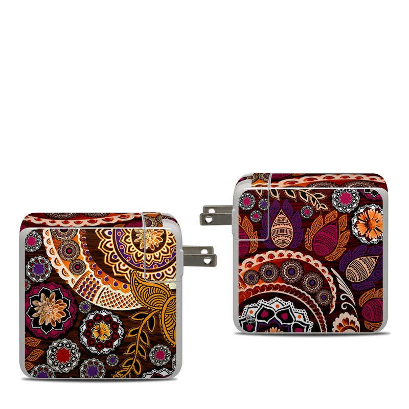 Apple 87W USB-C Power Adapter Skin design of Pattern, Motif, Visual arts, Design, Art, Floral design, Textile, Paisley, Tapestry, Circle, with brown, purple, red, white, black colors
