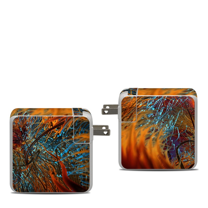 Apple 87W USB-C Power Adapter Skin design of Orange, Tree, Electric blue, Organism, Fractal art, Plant, Art, Graphics, Space, Psychedelic art, with orange, blue, red, yellow, purple colors