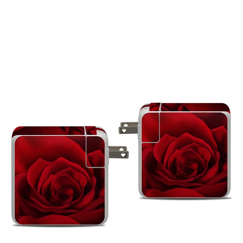Apple 87W USB-C Power Adapter Skin design of Red, Garden roses, Rose, Petal, Flower, Nature, Floribunda, Rose family, Close-up, Plant, with black, red colors