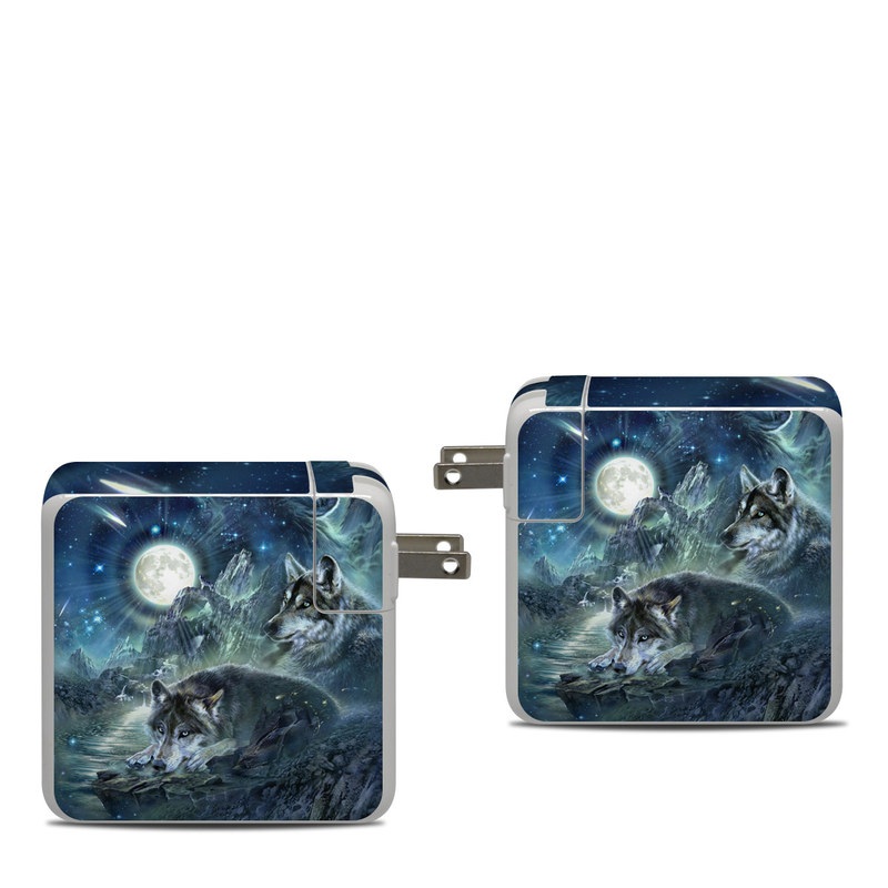 Apple 87W USB-C Power Adapter Skin design of Cg artwork, Fictional character, Darkness, Werewolf, Illustration, Wolf, Mythical creature, Graphic design, Dragon, Mythology, with black, blue, gray, white colors