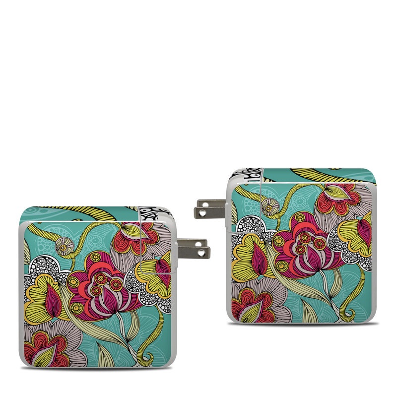 Apple 87W USB-C Power Adapter Skin design of Pattern, Visual arts, Motif, Floral design, Design, Art, Plant, Flower, Organism, Textile, with red, yellow, blue, gray, pink colors