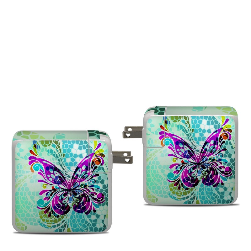Apple 87W USB-C Power Adapter Skin design of Butterfly, Pattern, Insect, Moths and butterflies, Purple, Graphic design, Design, Pollinator, Visual arts, Magenta, with blue, green, purple colors
