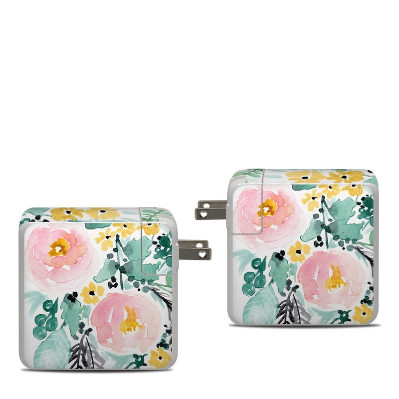 Apple 87W USB-C Power Adapter Skin design of Branch, Clip art, Watercolor paint, Flower, Leaf, Botany, Plant, Illustration, Design, Graphics, with green, pink, red, orange, yellow colors
