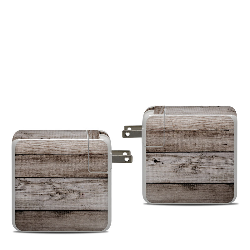 Apple 87W USB-C Power Adapter Skin design of Wood, Plank, Wood stain, Hardwood, Line, Pattern, Floor, Lumber, Wood flooring, Plywood, with brown, black colors